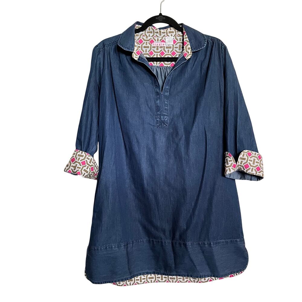 tizzie shirt tunic top collared chambray popover contrast cuff cotton size Large